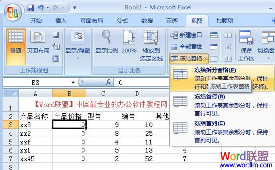 Excel2007冻结窗口，表格中固定窗口