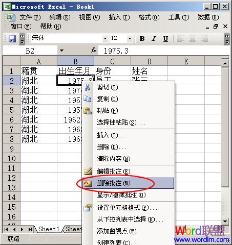 Excel 2003中添加单元格批注